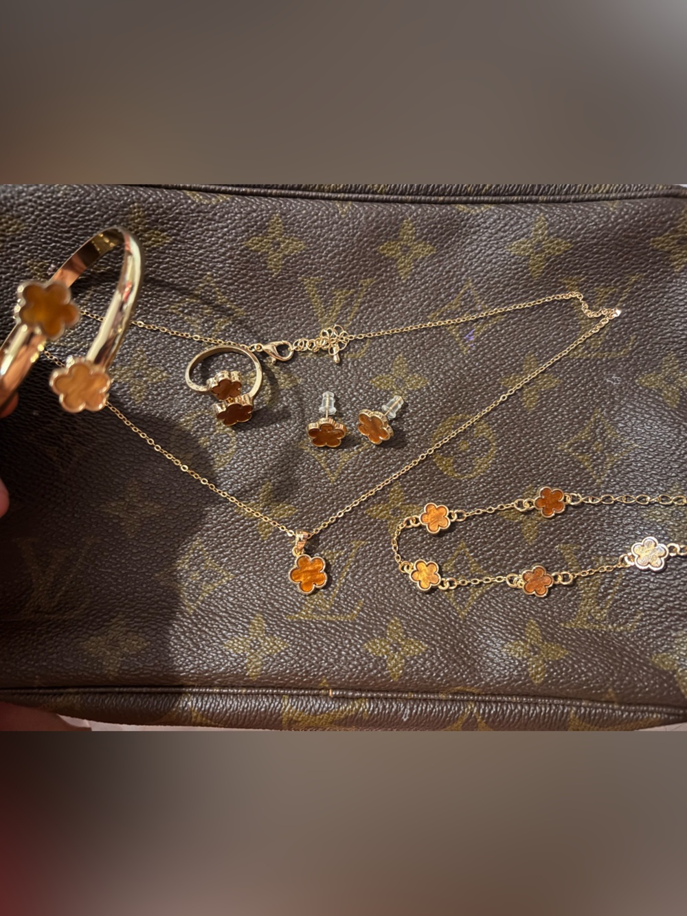 Gold Floral Jewelry Set with Honey-AmberEnamel